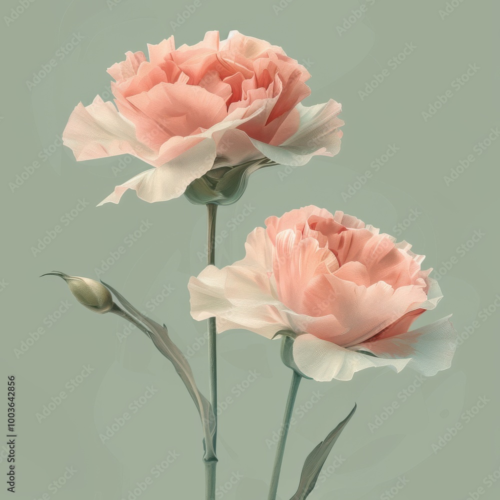 Fototapeta premium Two pastel coloured carnations on a light olive green background, acrylic paint style poster 