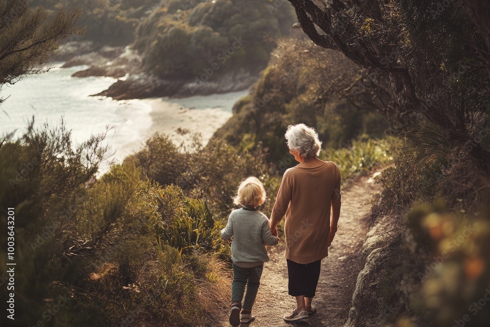 Naklejka premium High-resolution brightly lit photorealistic candid photograph of a grandmother and grandchild exploring a scenic coastal trail, sharing the beauty of nature and each other’s company. The photograph