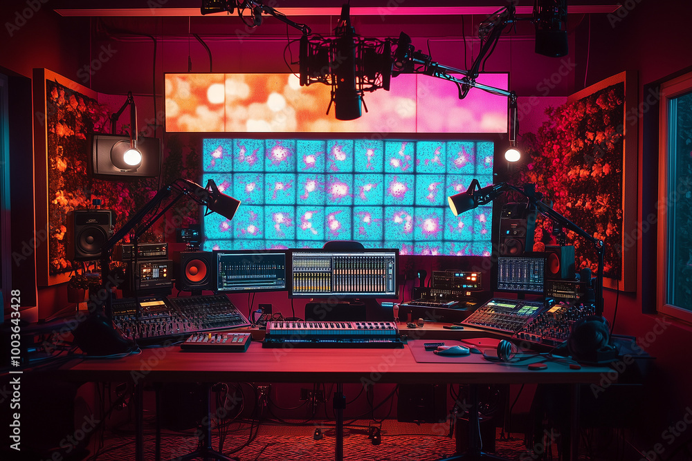 Dynamic Podcast Studio with a Colorful Background Enhancing Creative Expression Dynamic Podcast Studio with a Colorful Background Enhancing Creative Expression