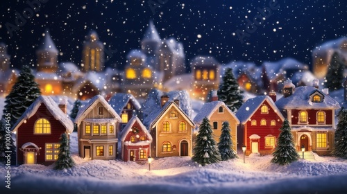 Enchanting 3D Christmas village, colorful homes with snow on the rooftops, glowing warmly