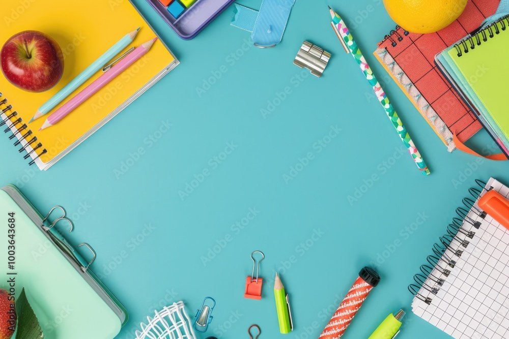 Top view of school supplies on a blue background, education theme with copy space for text Top view of school supplies on a blue background, education theme with copy space for text