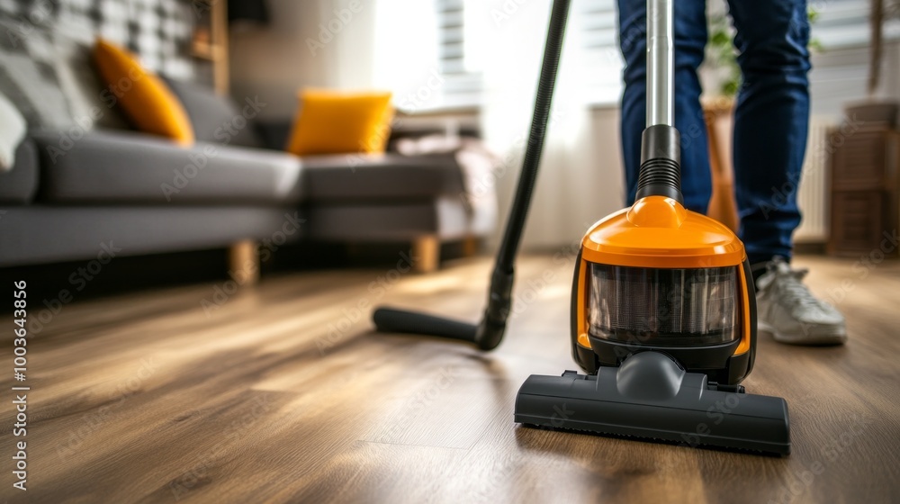 Fototapeta premium A person is vacuuming a living room