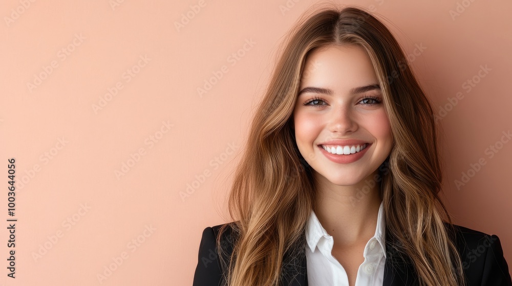 Smiling Young Woman with Long Hair in Professional Attire Smiling Young Woman with Long Hair in Professional Attire