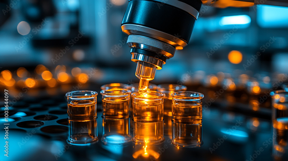 Close-up of a microscope analyzing samples with golden liquid in vials, showcasing intricate scientific research and technology. Close-up of a microscope analyzing samples with golden liquid in vials, showcasing intricate scientific research and technology.