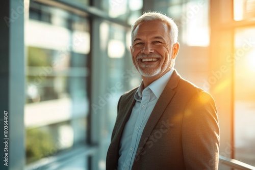 High-resolution brightly lit photorealistic candid photograph of a happy senior businessman captured in a high-end lifestyle magazine style. The light, uplifting feel highlights his joy. photo