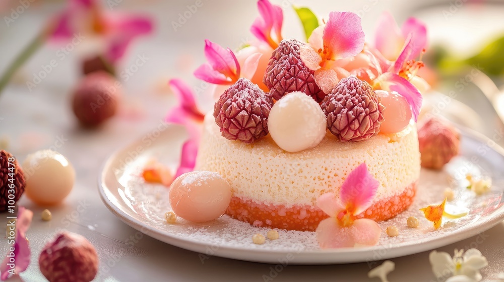A lychee cake decorated with fresh lychee fruit and edible flowers, creating a delicate and refreshing summer dessert. A lychee cake decorated with fresh lychee fruit and edible flowers, creating a delicate and refreshing summer dessert.