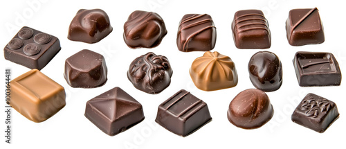 Assorted gourmet chocolates on a white background, showcasing a variety of shapes and textures, perfect for any dessert lover. transparent background