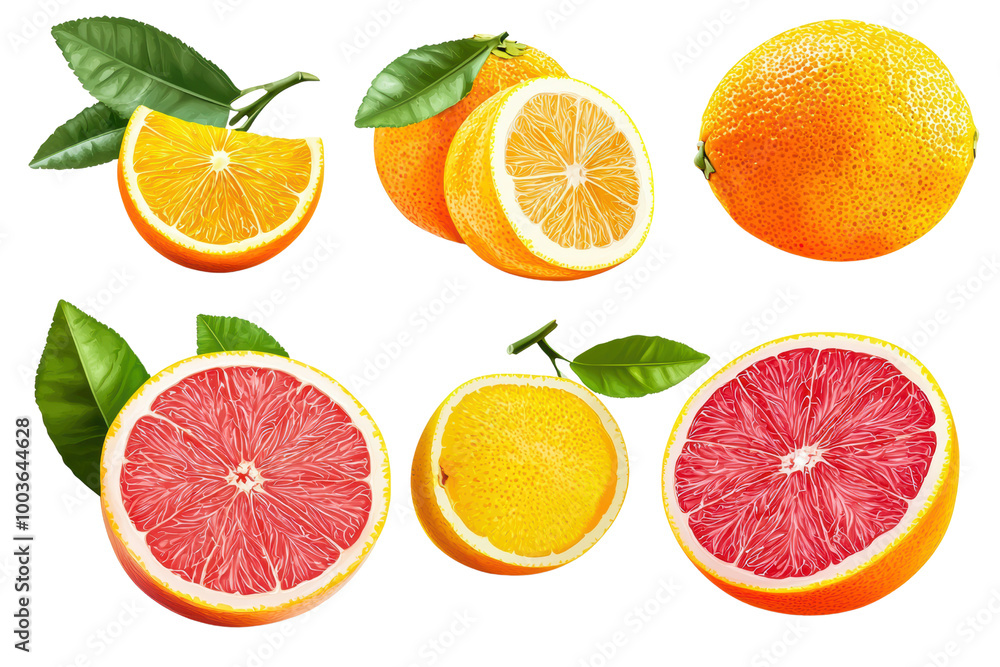 Assorted citrus fruits with leaves on a white isolated background. transparent background Assorted citrus fruits with leaves on a white isolated background. transparent background