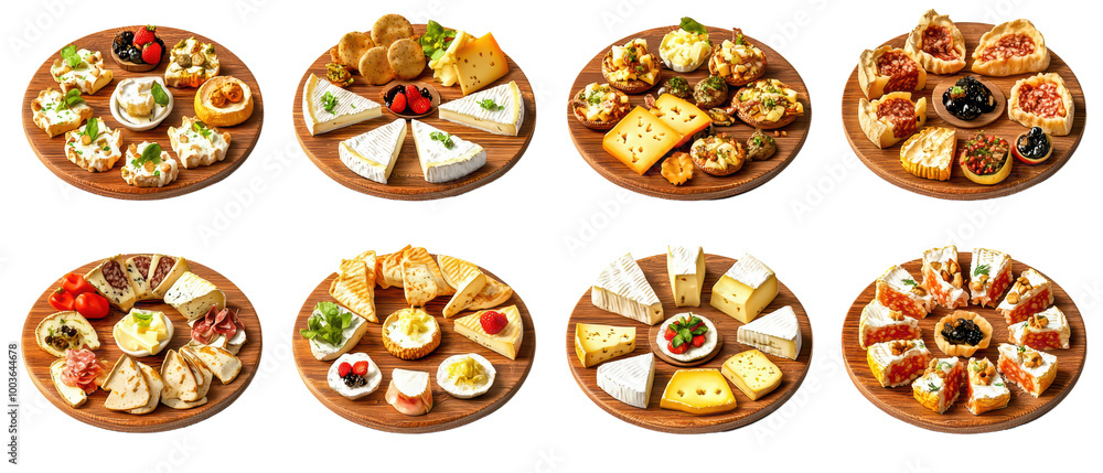 A variety of delicious appetizers arranged on wooden plates, perfect for parties and gatherings. transparent background A variety of delicious appetizers arranged on wooden plates, perfect for parties and gatherings. transparent background