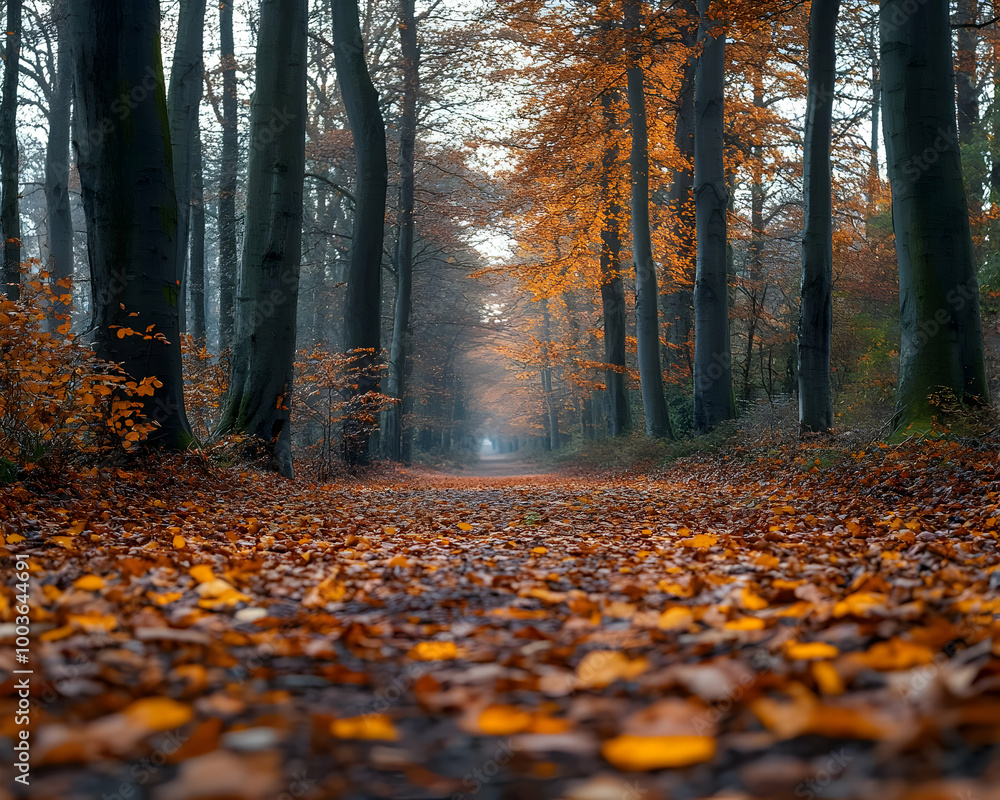 Obraz premium Autumn Forest Path with Fallen Leaves Photo