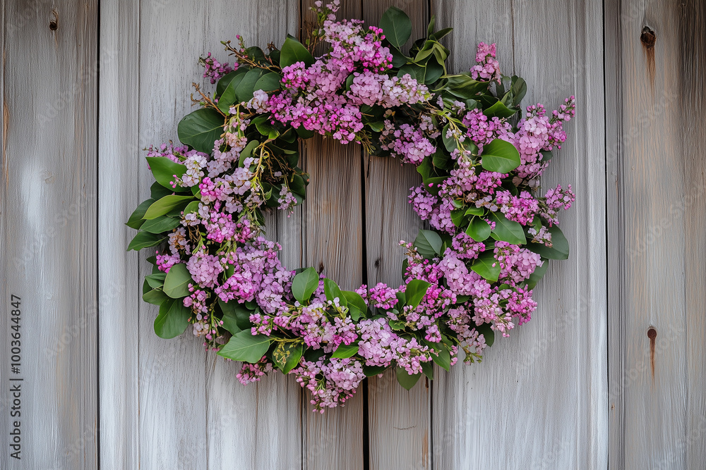 Seasonal Wreath with Cherry Blossoms and Lilacs in Full Bloom Seasonal Wreath with Cherry Blossoms and Lilacs in Full Bloom