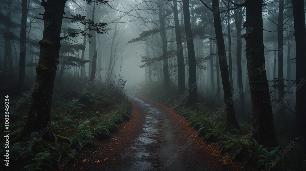 Misty Forest Pathway in Mysterious Foggy Landscape Misty Forest Pathway in Mysterious Foggy Landscape