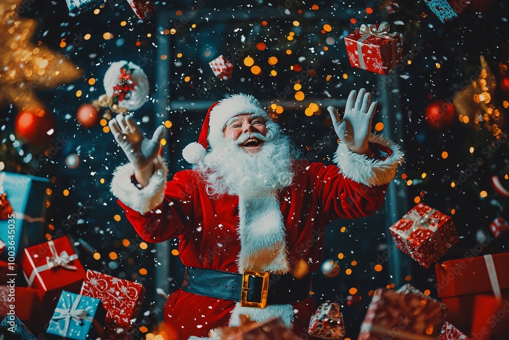 A jolly figure in a bright red outfit brings festive joy, surrounded by vibrant gifts and cheerful decorations. A jolly figure in a bright red outfit brings festive joy, surrounded by vibrant gifts and cheerful decorations.