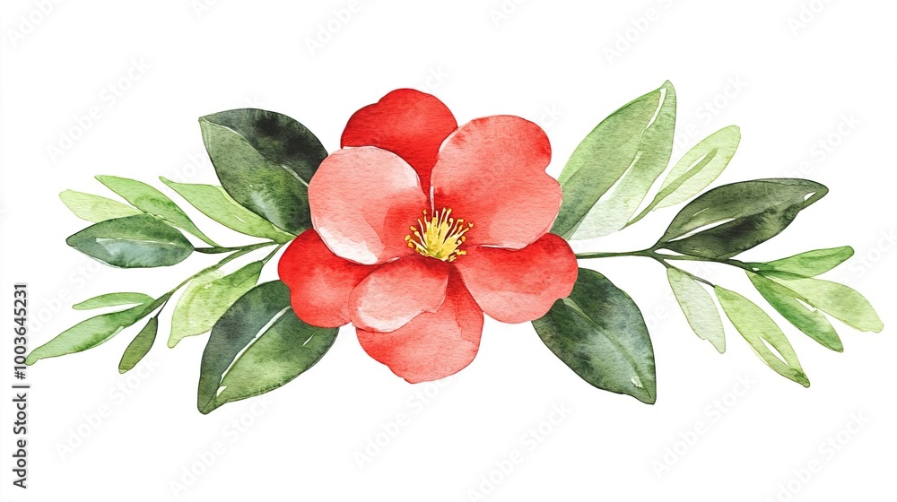 Naklejka premium Watercolor clipart of a single camellia bloom, isolate on white background