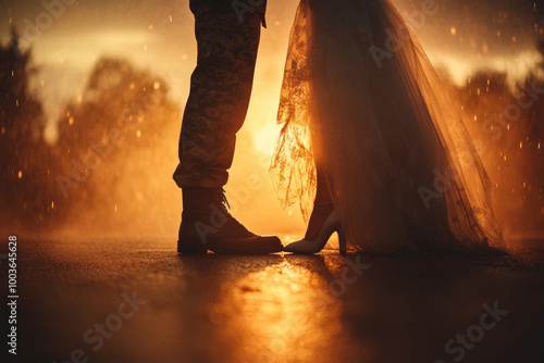  The couple is wearing wedding shoes, standing face to the camera with their feet together and legs slightly bent, facing each other in an embrace. Created with Ai