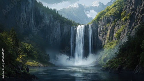 A majestic waterfall cascading down rugged cliffs into a serene pool, surrounded by lush green forest and mist rising from the water.