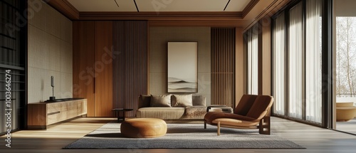 Modern living room interior, minimalist japandi design. Generative AI