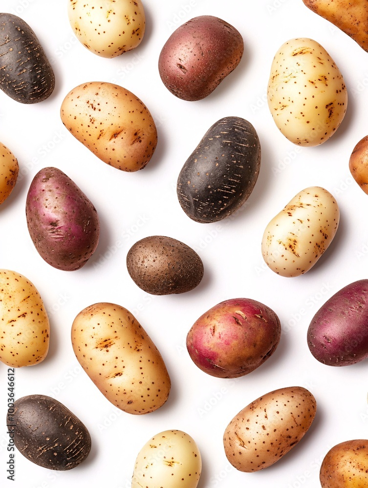 Obraz premium A visually appealing mockup showcasing an assortment of creatively arranged tuber varieties against a pristine white backdrop for design inspiration.
