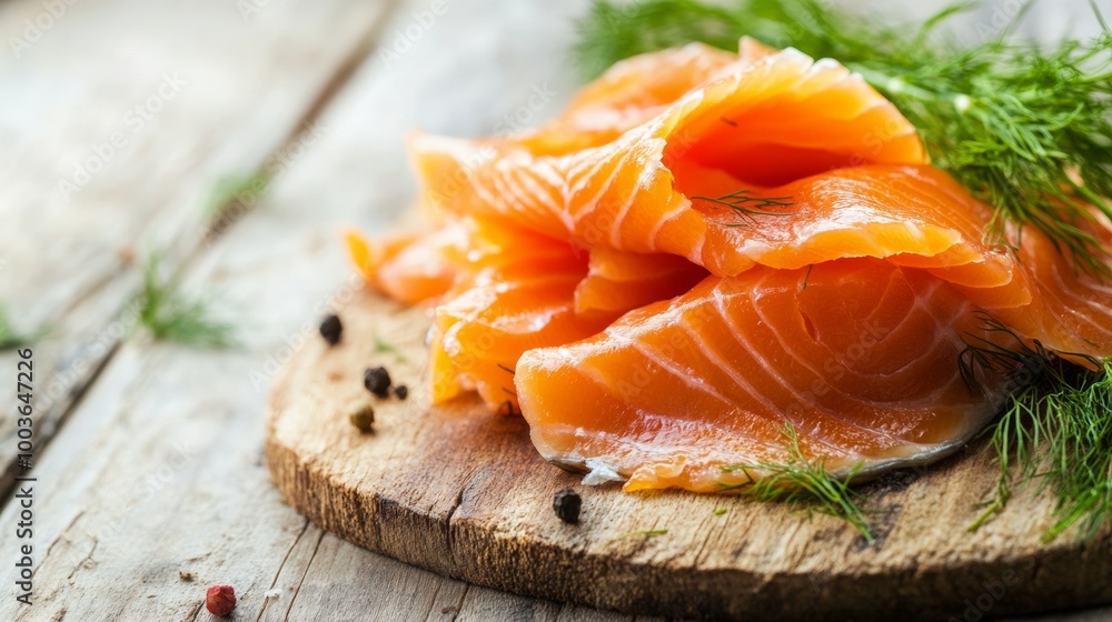 Homemade Smoked Salmon with Dill on Wooden Table Homemade Smoked Salmon with Dill on Wooden Table