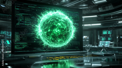 Futuristic laboratory scene featuring a glowing green spherical hologram displayed on a high-tech monitor. photo