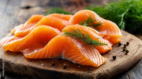 Homemade Smoked Salmon with Dill on Wooden Table photo