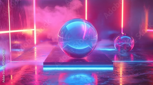 Holographic 3D shapes with layered, translucent surfaces and neon lights, creating a sense