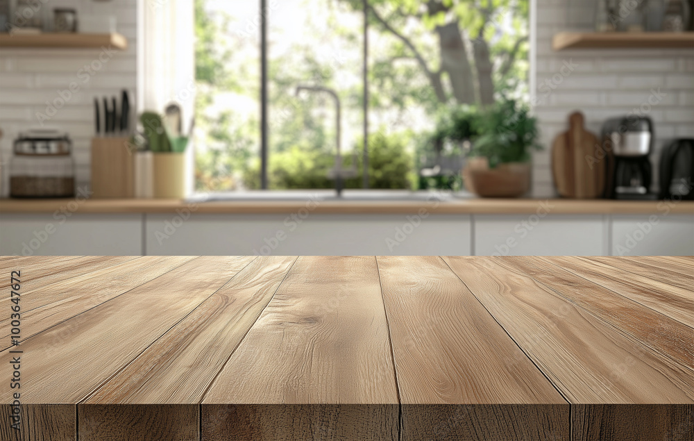 Wooden Kitchen Tabletop with Blurred Modern Kitchen Background and Natural Light from a Window Wooden Kitchen Tabletop with Blurred Modern Kitchen Background and Natural Light from a Window