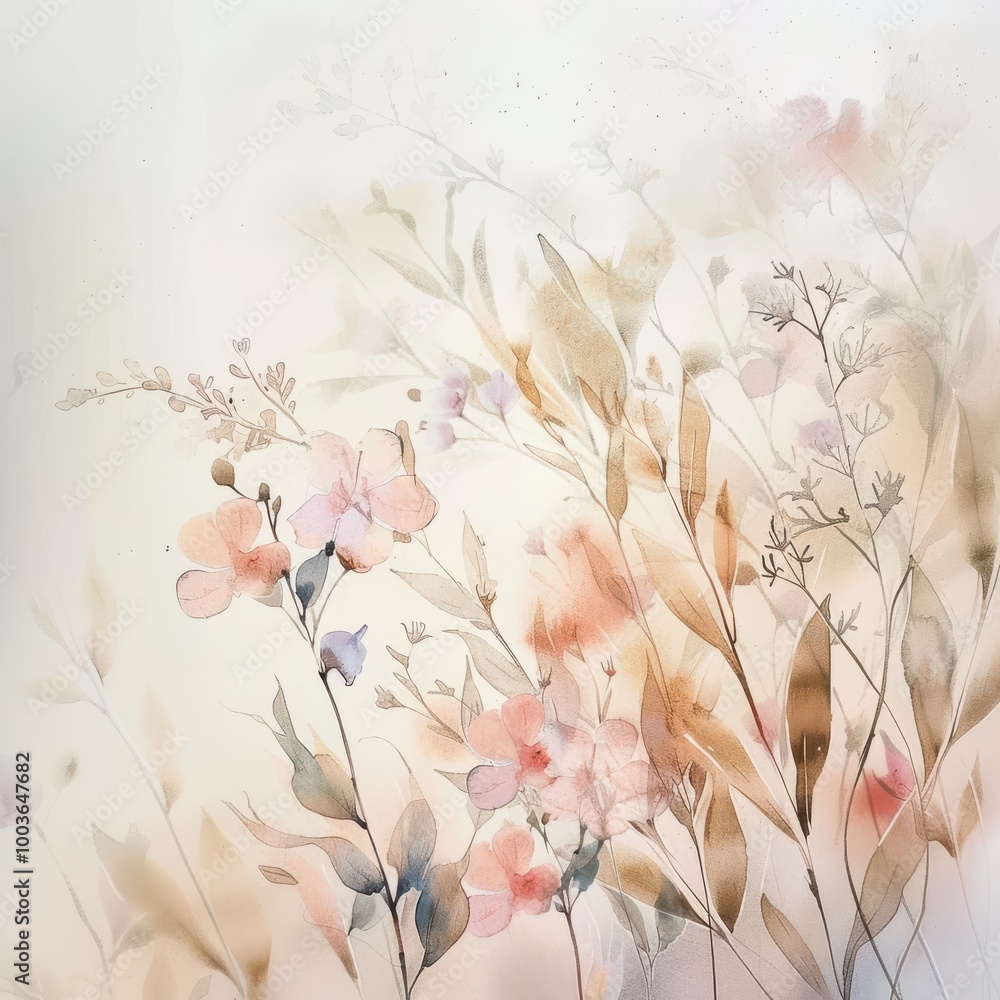 A soft and delicate watercolor painting of wildflowers and leaves in pastel colors, suitable for a feminine and graceful A soft and delicate watercolor painting of wildflowers and leaves in pastel colors, suitable for a feminine and graceful