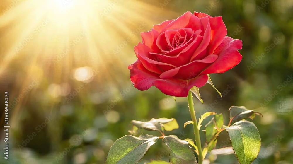 Fototapeta premium A single red rose in full bloom, with soft lighting highlighting its delicate petals, creating a romantic and serene atmosphere.
