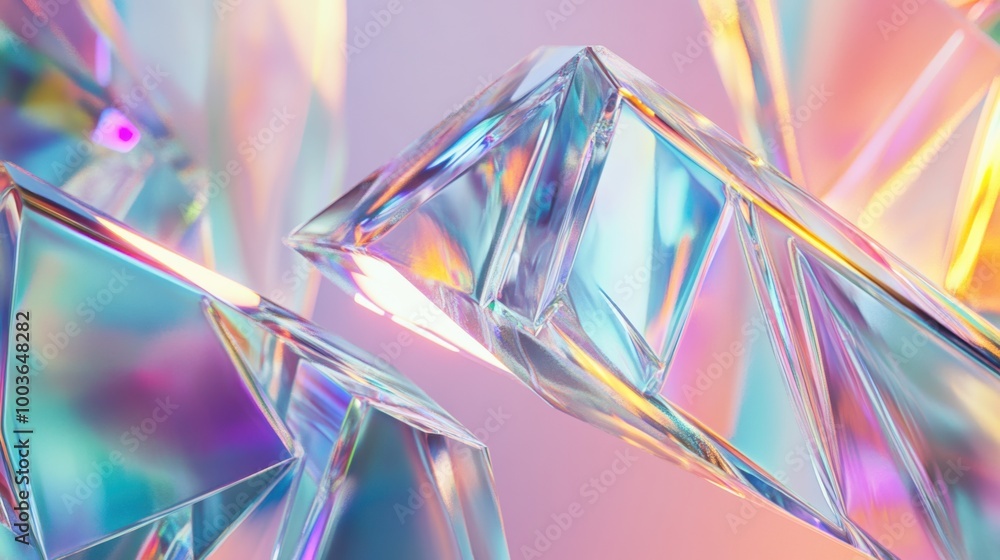 Holographic abstract prisms with shifting colors and smooth, reflective surfaces, creating a sense Holographic abstract prisms with shifting colors and smooth, reflective surfaces, creating a sense