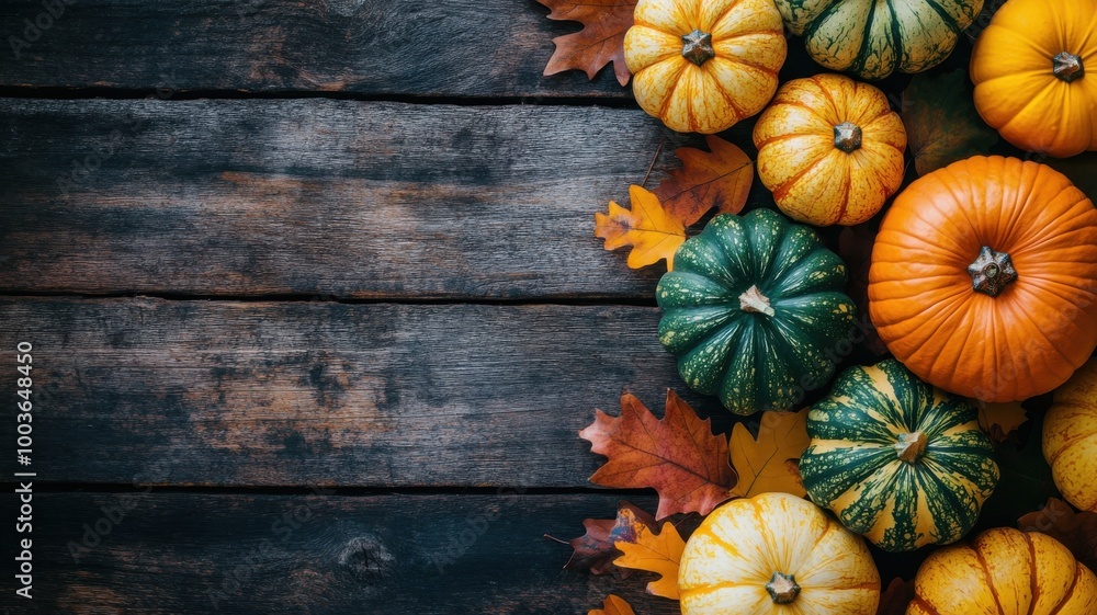 Colorful pumpkins and leaves on a rustic wooden surface. Colorful pumpkins and leaves on a rustic wooden surface.