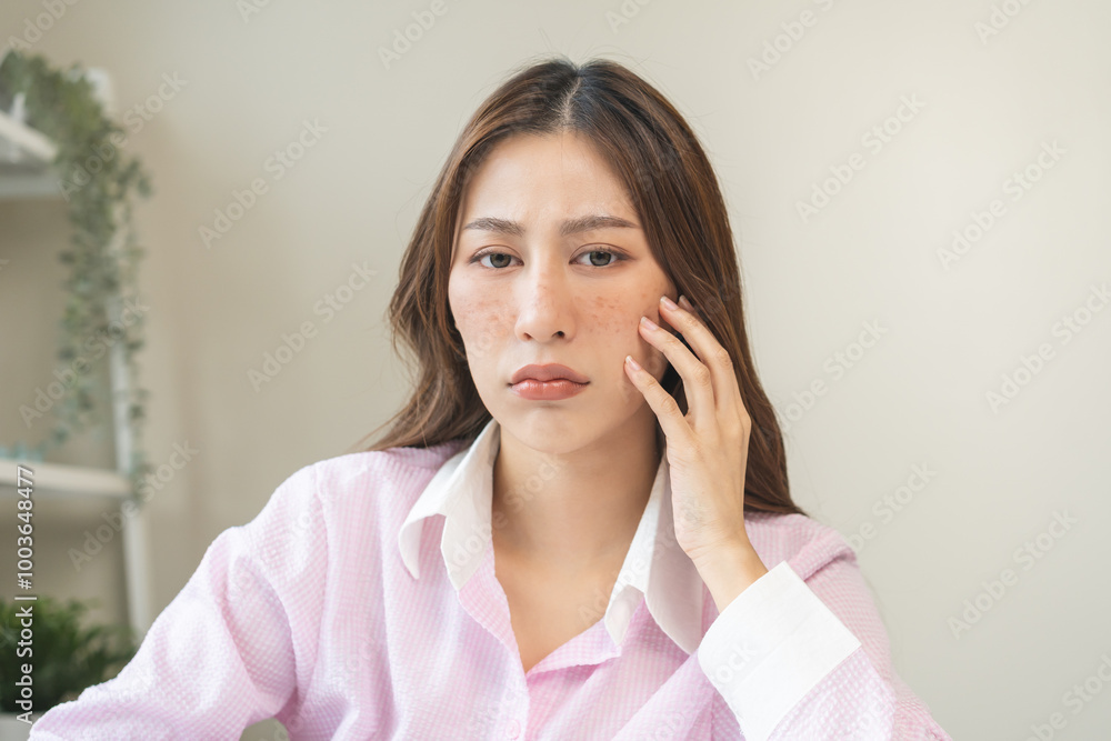 Dermatology, expression face worry, stressed asian young woman hand touching facial at dark spot of melasma, freckles from pigment melanin, allergy sun. Beauty care, skin problem treatment, skincare. Dermatology, expression face worry, stressed asian young woman hand touching facial at dark spot of melasma, freckles from pigment melanin, allergy sun. Beauty care, skin problem treatment, skincare.