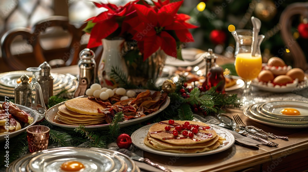 Naklejka premium A beautifully set Christmas breakfast table with pancakes, bacon, eggs, and a centerpiece of poinsettias