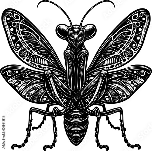 Illustration of a praying mantis with spread wings