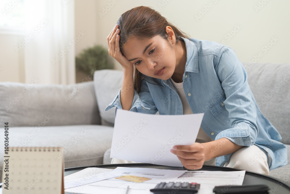 Debt and financial concept, stressed asian young woman have a headache while female sitting on sofa calculate expenses, income, hand holding bills for prepare payment or pay bills on table at home. Debt and financial concept, stressed asian young woman have a headache while female sitting on sofa calculate expenses, income, hand holding bills for prepare payment or pay bills on table at home.