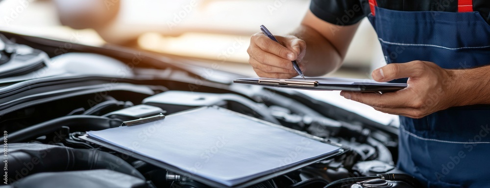Car mechanic taking notes on a clipboard while cleaning the engine under the hood Car mechanic taking notes on a clipboard while cleaning the engine under the hood