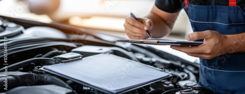 Car mechanic taking notes on a clipboard while cleaning the engine under the hood