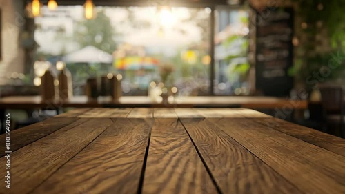 Wallpaper Mural A wooden table in a cafe with a blurry background Torontodigital.ca