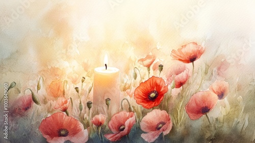 Fototapeta Naklejka Na Ścianę i Meble -  A candle is lit in a field of red flowers