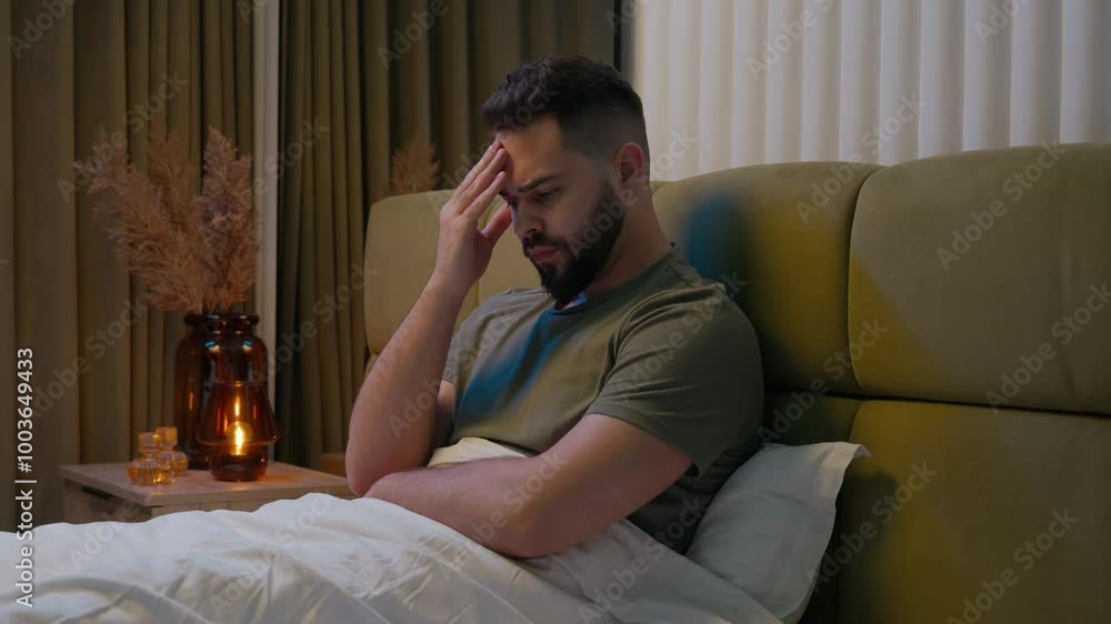 Caucasian man bed holding head headache pain migraine emotional shock worried bedroom home night thinking burnout depression frustrated problem psychology pressure tired stress excitement experience Caucasian man bed holding head headache pain migraine emotional shock worried bedroom home night thinking burnout depression frustrated problem psychology pressure tired stress excitement experience