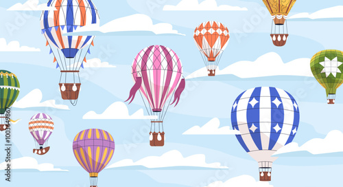 Hot air balloons flying high in sky. Aerial adventure, travel with many colorful airballoons, aerostats floating, soaring among clouds during summer show, festival event. Flat vector illustration