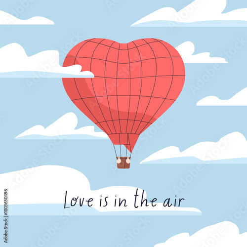 Heart-shaped hot air balloon floating in sky with clouds. Love, Valentine Day...