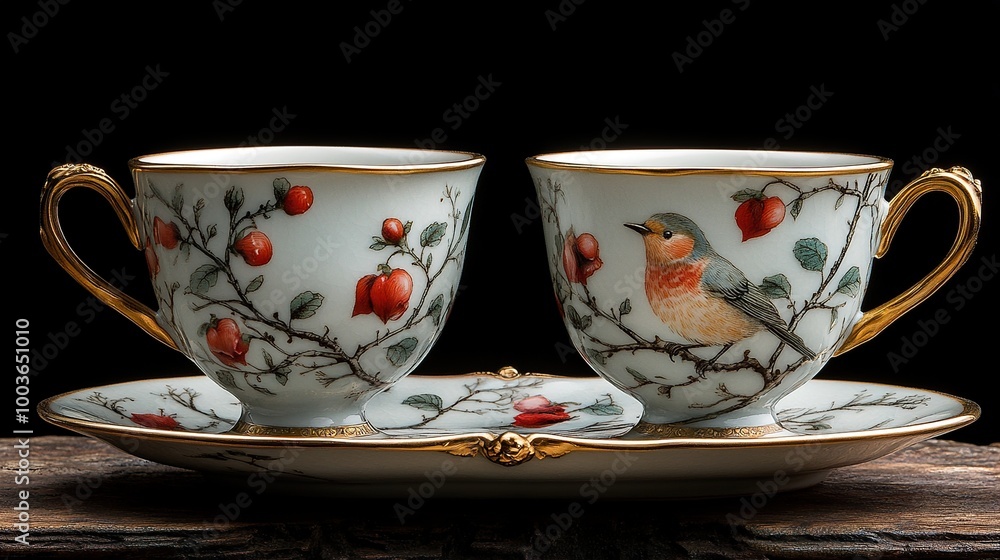 Elegant Teacups with Bird and Floral Design Elegant Teacups with Bird and Floral Design