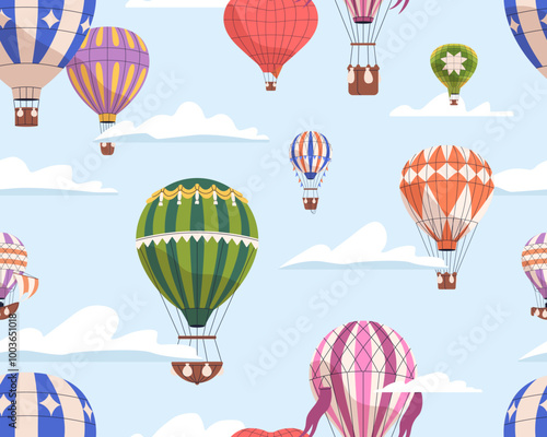 Seamless pattern, hot air balloons flying in sky with clouds. Endless background design, aerial flight adventure festival. Repeating print for textile, wrapping, fabric. Flat vector illustration