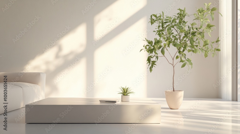 Minimalist living room bathed in gentle natural light, featuring a single potted plant Minimalist living room bathed in gentle natural light, featuring a single potted plant