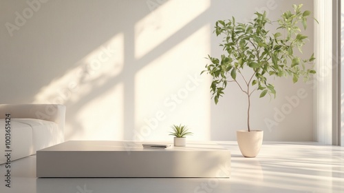 Minimalist living room bathed in gentle natural light, featuring a single potted plant