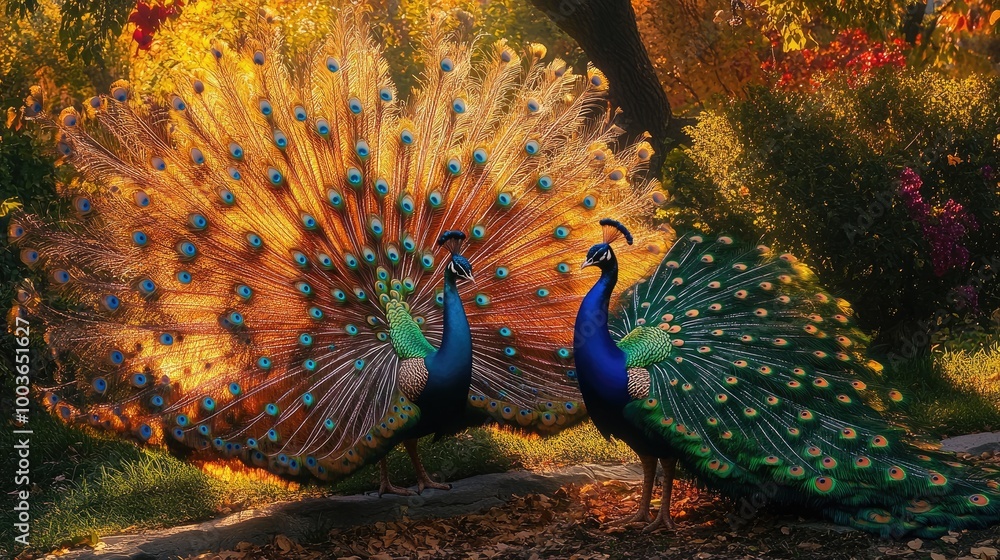 Obraz premium A playful scene of two peacocks interacting in a garden, one displaying its feathers while the other curiously observes.