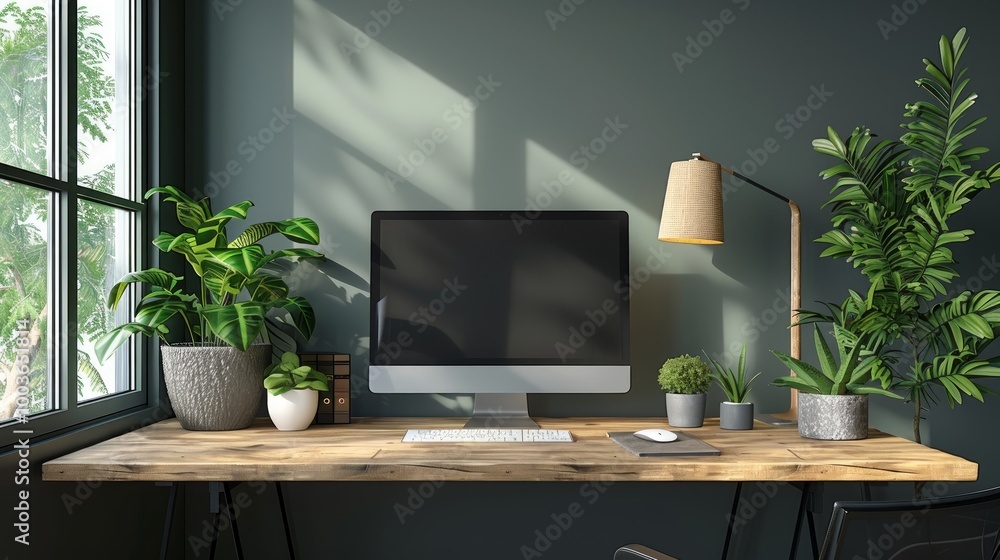 Sleek workspace with modern computer, designer lamp, and green plant on wooden desk. Minimalist office concept. 3D Rendering Sleek workspace with modern computer, designer lamp, and green plant on wooden desk. Minimalist office concept. 3D Rendering