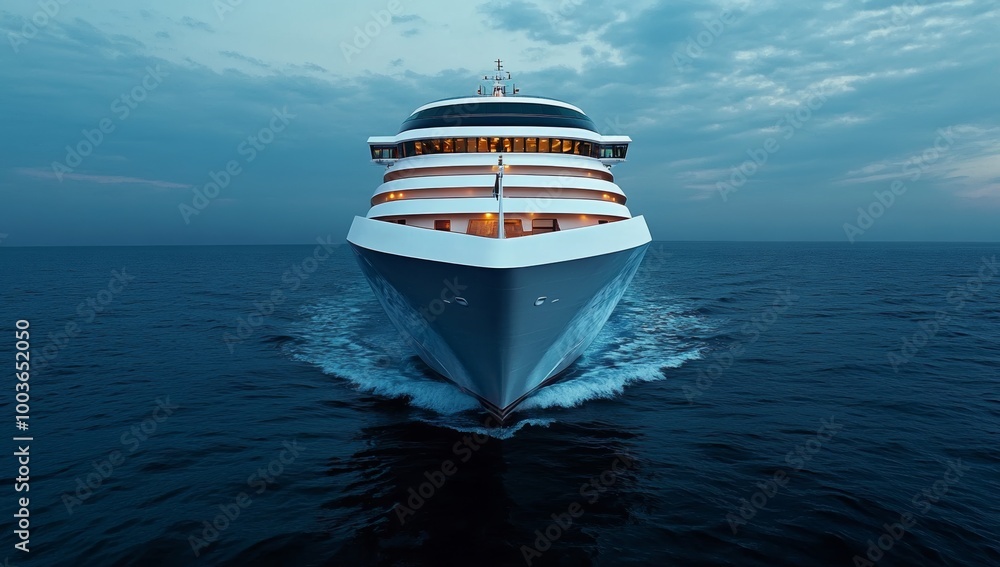 Naklejka premium Luxurious Cruise Ship Sailing at Night with Illuminated Lights