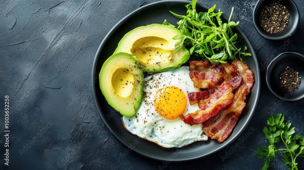 Moody photography of a delicious breakfast with poached eggs and bacon, served with Moody photography of a delicious breakfast with poached eggs and bacon, served with